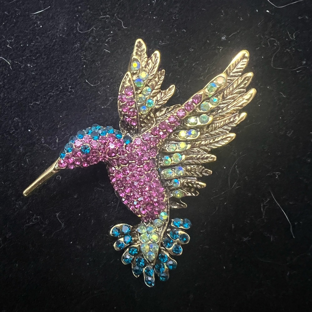 Pink and Teal Hummingbird Bird Pin Brooch Antique Hold Tone - Picture 3 of 5